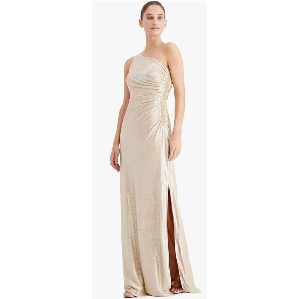 Calvin Klein One-Shoulder Gown with Side Ruching and Beaded Detail